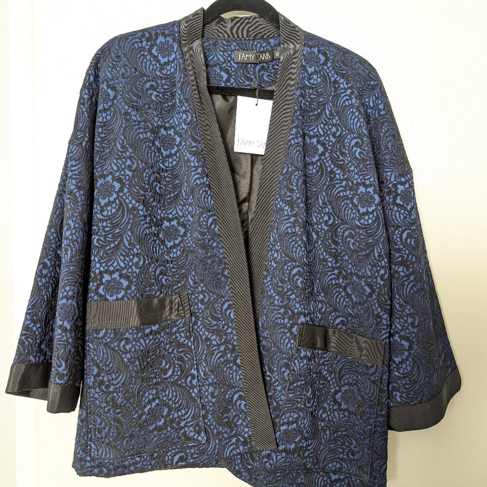 J'Amy Tarr | Blue and Black Floral Brocade - Open Front Kimono Jacket
